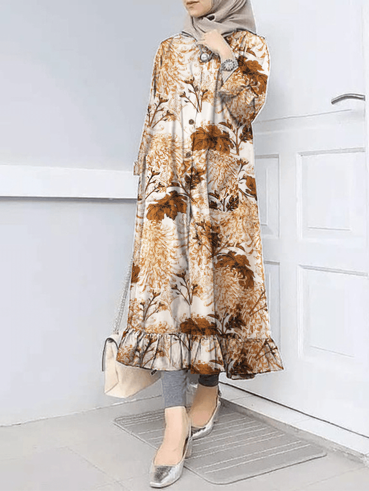 Women Flora Print Ruff Hem O-Neck Casual Bohemian Abaya Kaftan Shirt Dress with Pocket - MRSLM