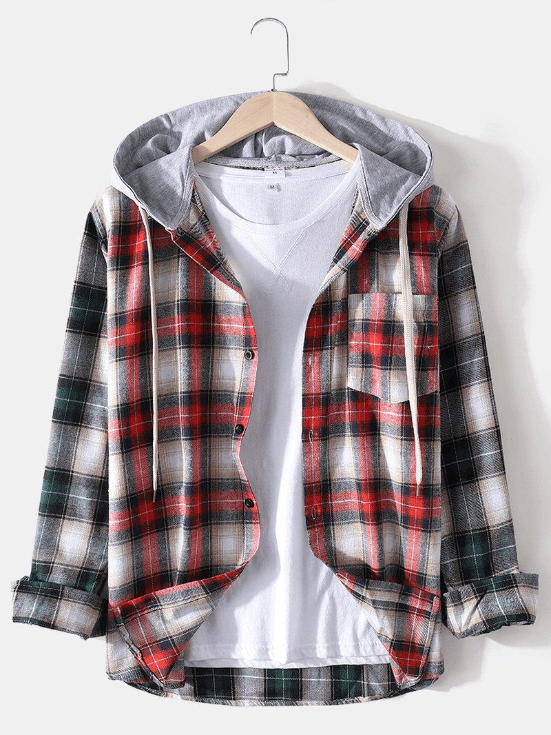 Mens Tartan Patchwork Casual Long Sleeve Drawstring Hooded Shirts with Pocket - MRSLM