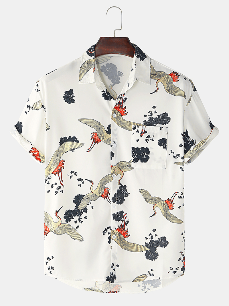 Mens Cotton Crane Print Turn Collar Short Sleeve Shirts - MRSLM