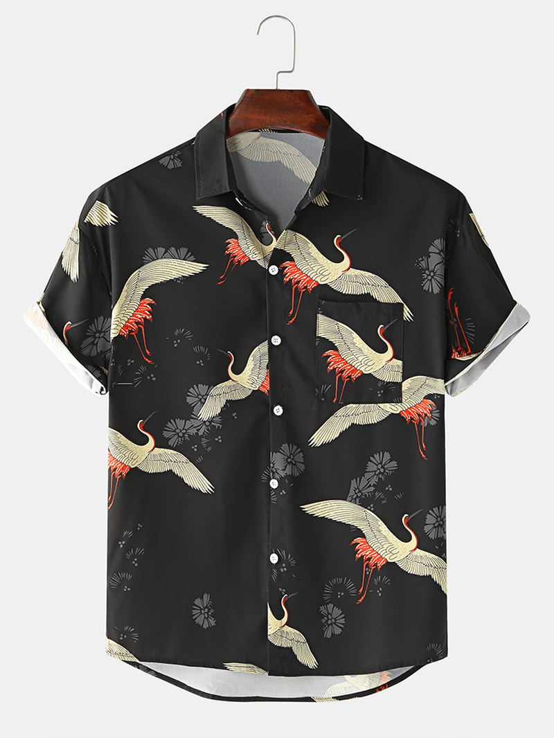 Mens Cotton Crane Print Turn Collar Short Sleeve Shirts - MRSLM