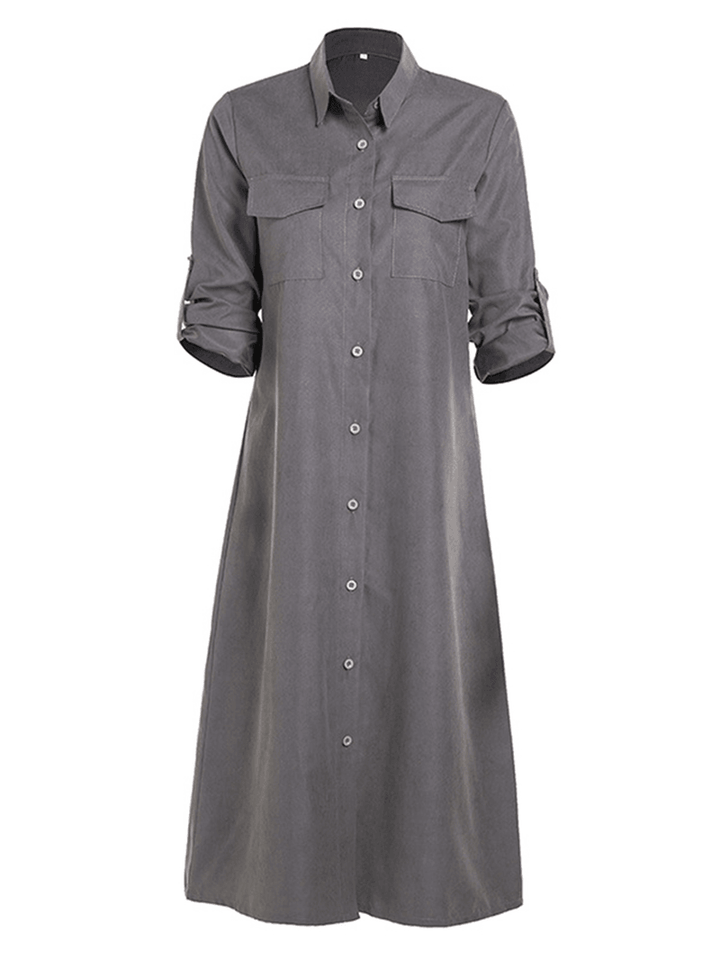 Women Long Adjustable Sleeve Button Turn-Down Collar Long Shirt Dress - MRSLM