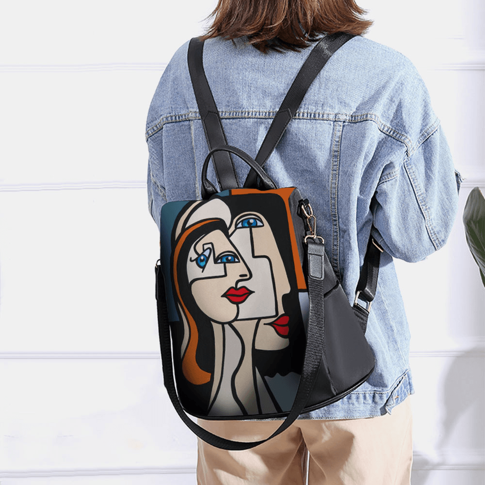 Women Nylon Cartoon Abstract Stick Figure Pattern Large Capacity Shoulder Bags Backpack - MRSLM