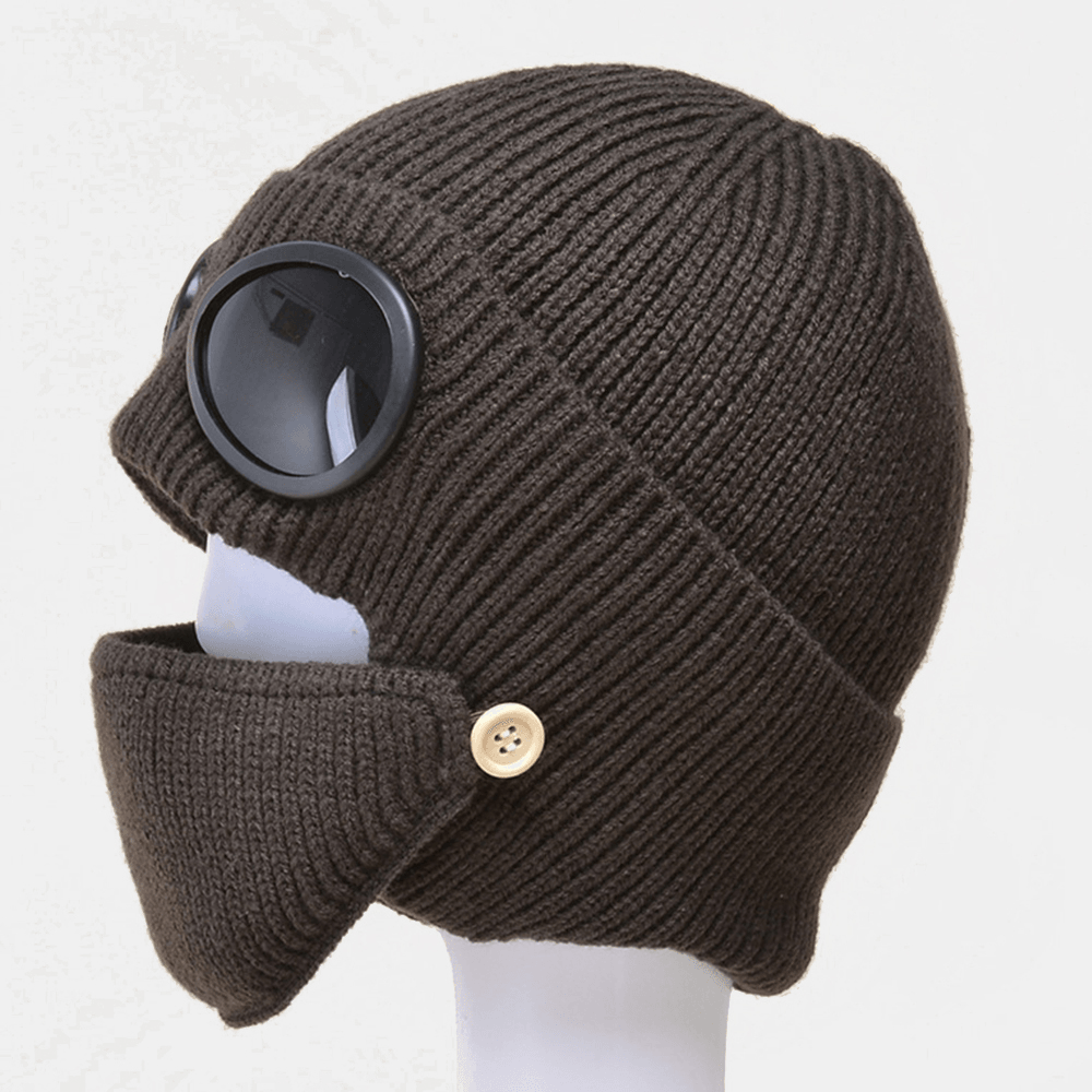 Unisex plus Velvet Thick Warm Neck Face Ear Protection Headgear Knitted Hat Mask Pilot Glasses - MRSLM