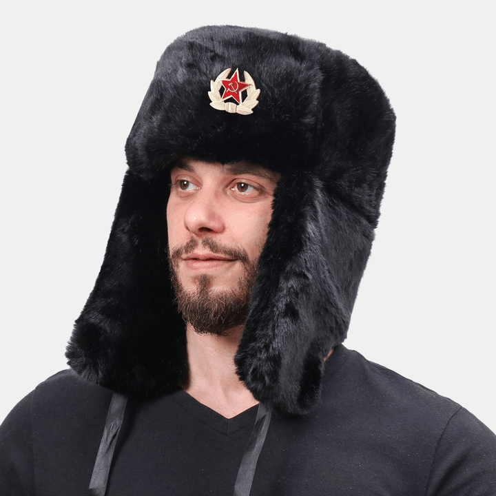 Men Plush Metal Badge Warm Windproof Ear Protection Trapper Hat Winter Outdoor Cold-Proof Ushanka Hat - MRSLM