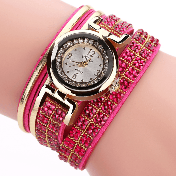 DUOYA Fashion Style Leather Band Bracelet Winding Rhinestones Dial Quartz Moement Ladies Watches - MRSLM