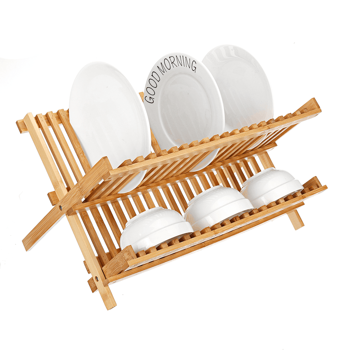 Foldable Bamboo Dish Drainer Kitchen Drain Shelf Rack Cup Bowl Stand Holder - MRSLM