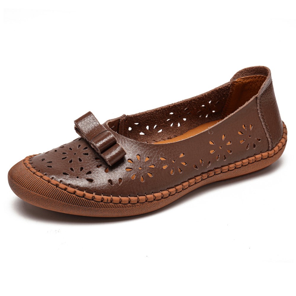 Women plus Size Genuine Leather Breathable Hollow Out Slip on Casual Flats Loafers - MRSLM