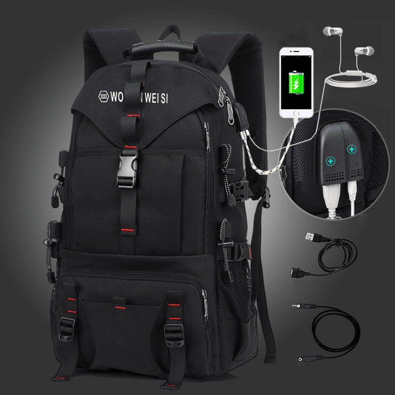 Men Large Capacity Outdoor Waterproof USB Charging Multi-Pocket 14 Inch Laptop Bag Travel Climbing Backpack - MRSLM