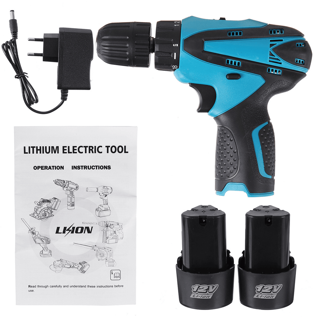 12V Cordless Impact Drill Screwdriver W/ LED Worklight Light & 1/2Pcs Li-Ion Battery Power Tool - MRSLM