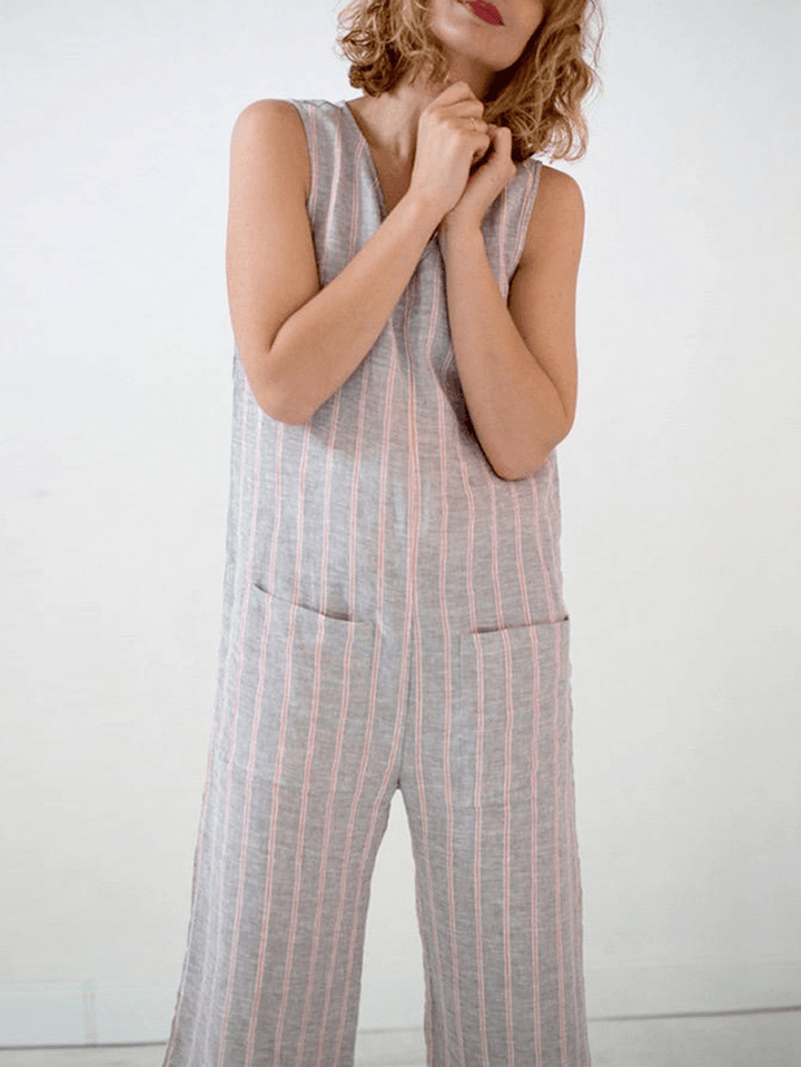 Women Stripe V Neck Wide Leg Sleeveless Casual Jumpsuit - MRSLM