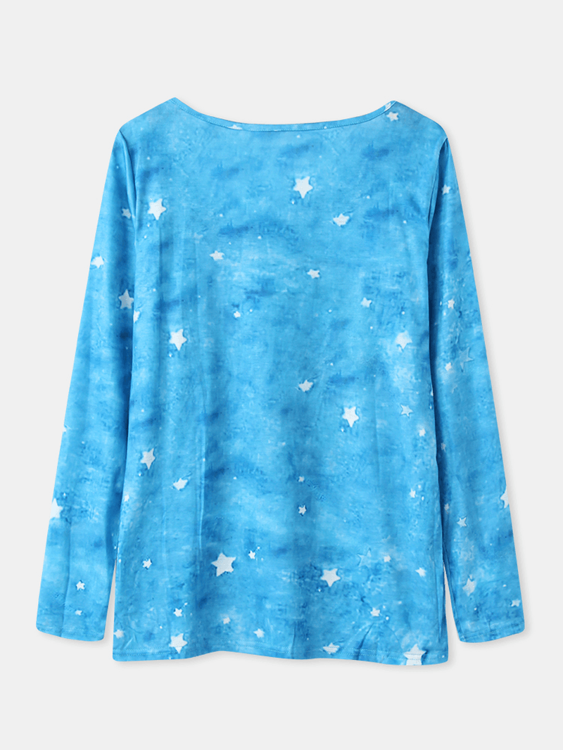 Women Cartoon Cat Starry Sky Print Asymmetrical Neck Casual Long Sleeve Blouses - MRSLM