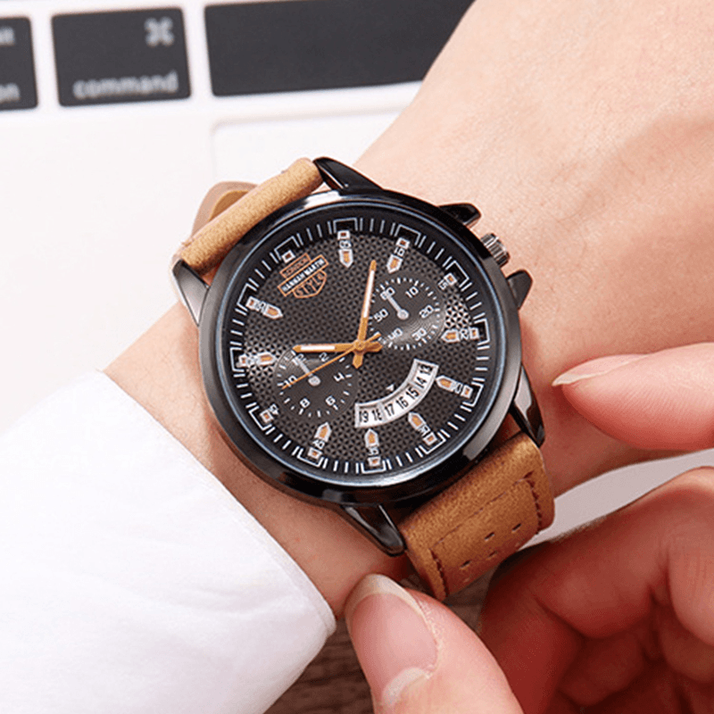 Vintage with Calendar round Dial Breathable PU Leather Band Waterproof Men Quartz Watch - MRSLM