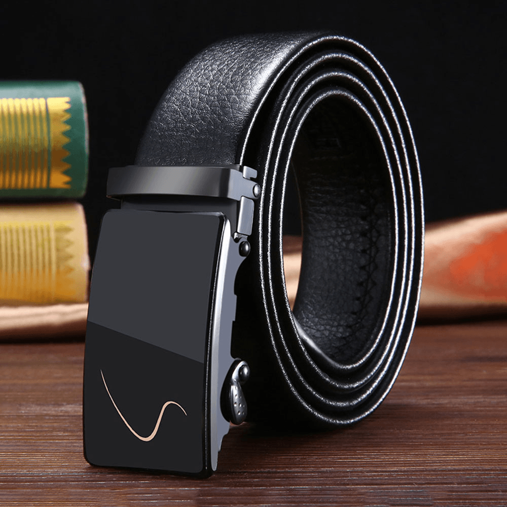 Men PU Leather Rectangular Acrylic Automatic Buckle Scratch-Resistant Business Casual Ratchet Belt - MRSLM