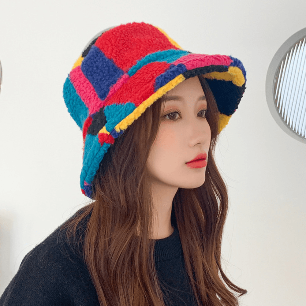 Women Lamb Fur Color Stitching Lattice Bucket Hat Winter Thicken Warm Windproof Fluffy Fisherman Caps - MRSLM