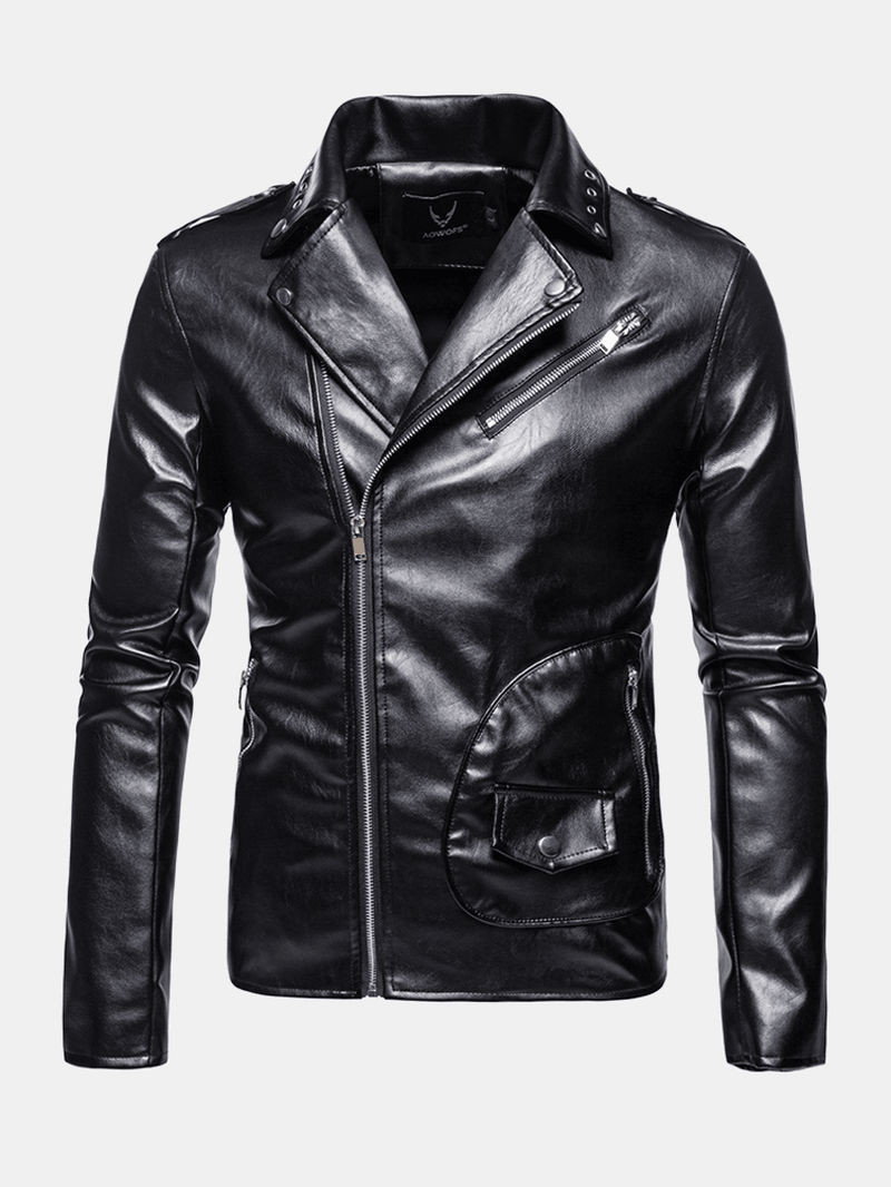 Mens Asymmetric Zipper Lapel Casual PU Biker Jacket with Zipped Pockets - MRSLM