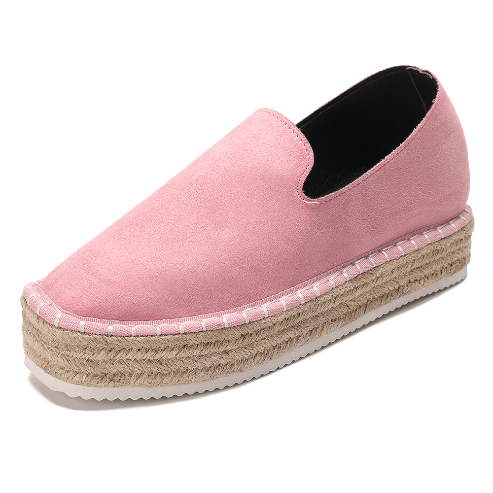 Women Suede Espadrilles Straw Braided Platform Loafers - MRSLM