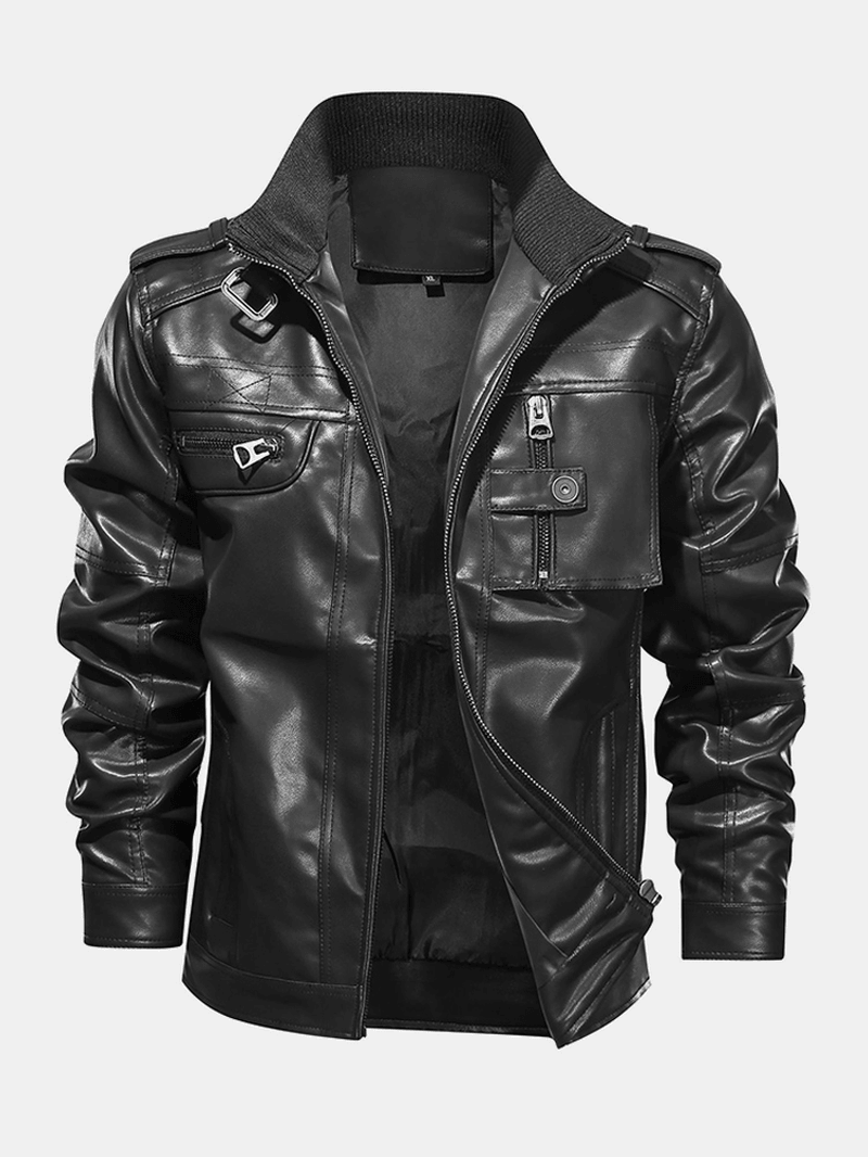 Mens Pocket Zip-Up PU Leather Black Long Sleeve Motorcycle Jacket - MRSLM