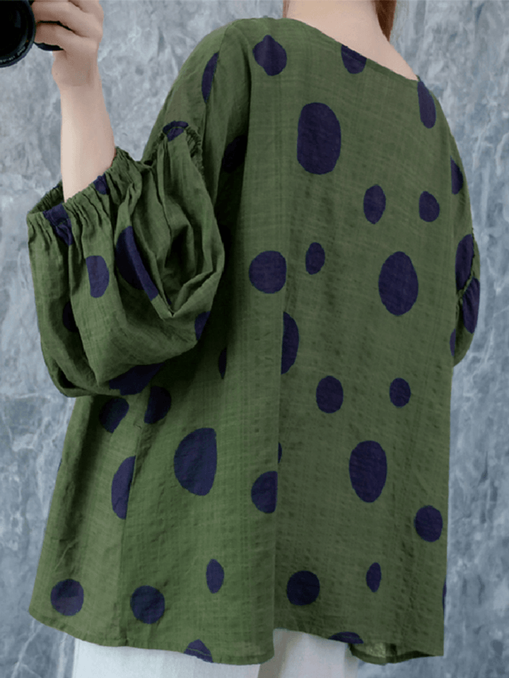 Women Vintage Polka Dot Print Puff Sleeve Loose Pleated Blouse - MRSLM