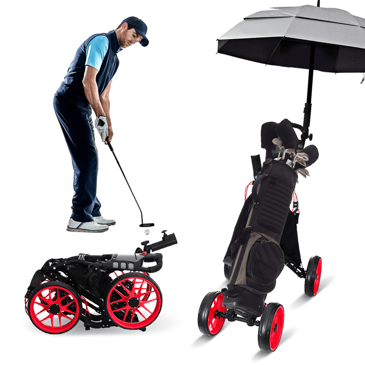 89CM Aluminum 4 Wheel Folding Golf Cart Pull Push Golf Bag Trolley with Umbrella Cup Holder - MRSLM