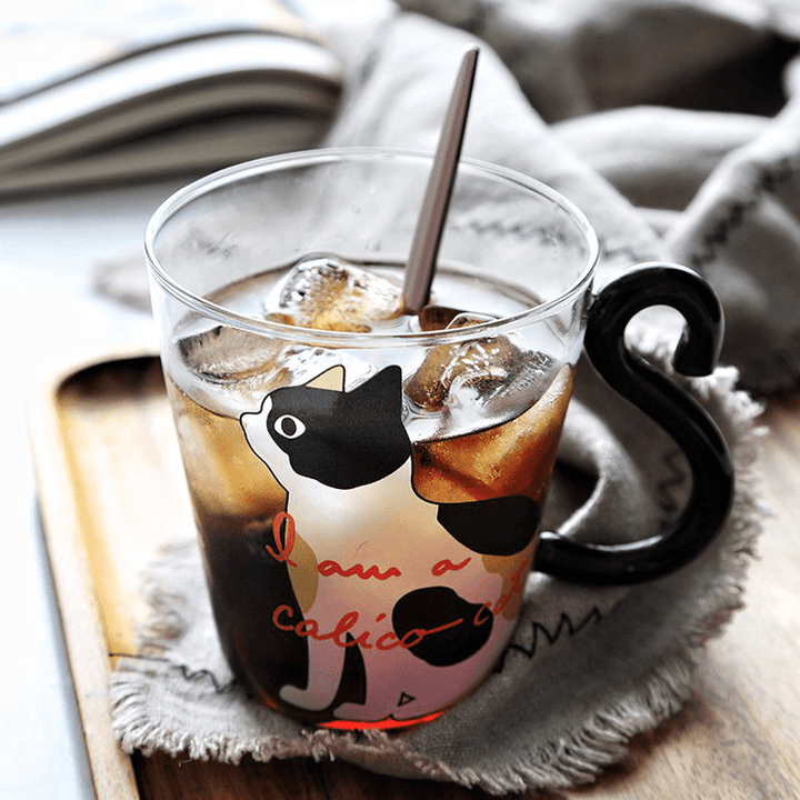 Cat Glass Cartoon Children'S Cup Creative Handle Coffee Cup Single-Layer Transparent Juice Drink Cup - MRSLM