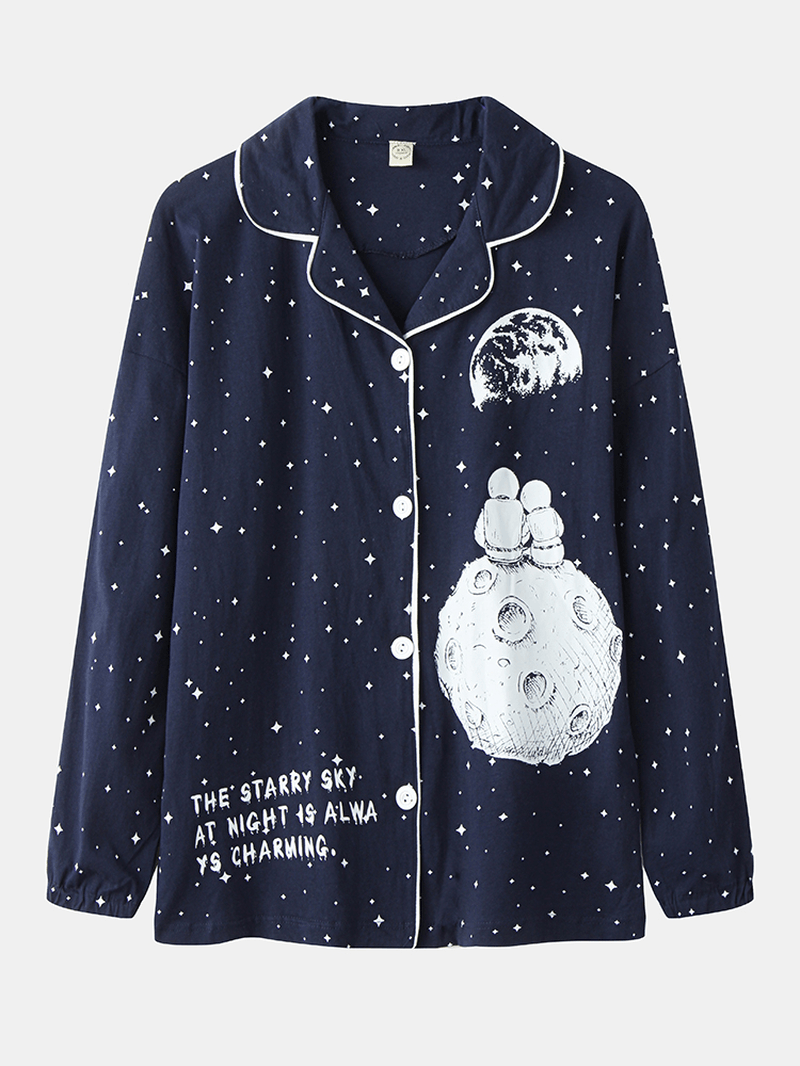 Women Allover Starry Sky Figure Print Revere Collar Cotton Cuffed Pajamas Sets - MRSLM