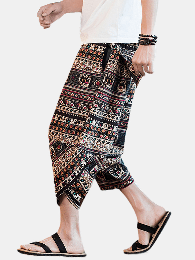 Mens Abstract Print Ethnic Style Pocket Elastic Waist Vintage Pants - MRSLM