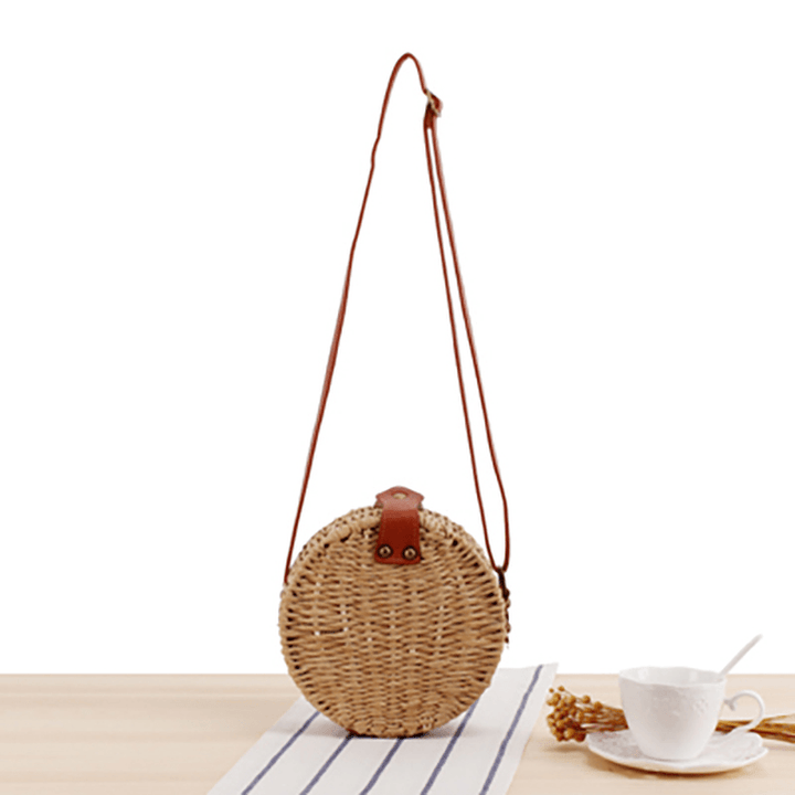 Women round Woven Straw Crossbody Bag Solid Beach Bag - MRSLM