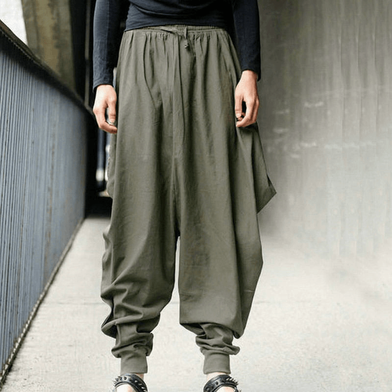 Mens Casual Cotton Linen Solid Color Baggy Loose Harem Pants - MRSLM