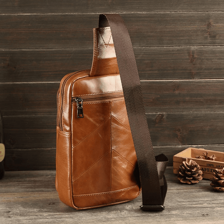 Men Retro Soft Leather Multi-Pocket Chest Bag Multifunction Large Capacity Messenger Bag Single Shoulder Bag - MRSLM