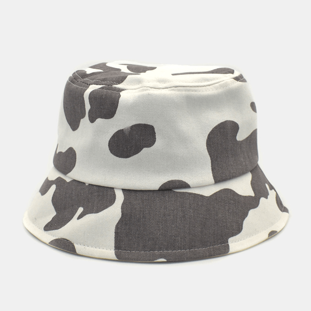 Women Cow Pattern Printing Bucket Hat Cotton Color Contrast All-Match Sunscreen Sunshade Hat - MRSLM