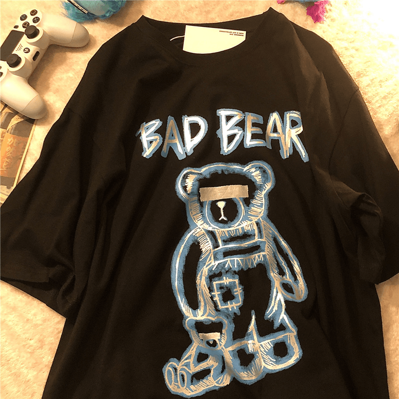 2021 Summer New Ins Tide Brand Creative Graffiti Bear Print Short-Sleeved T-Shirt Male Loose Half-Sleeved round Neck T-Shirt - MRSLM