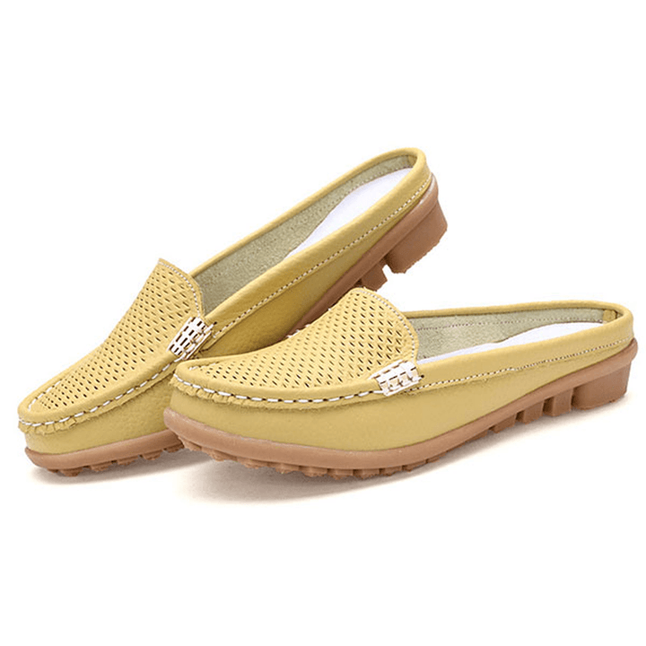 US Size 5-10 New Women Casual Fashion Breathable round Toe Slip-On Leather Flat Sandals Shoes - MRSLM