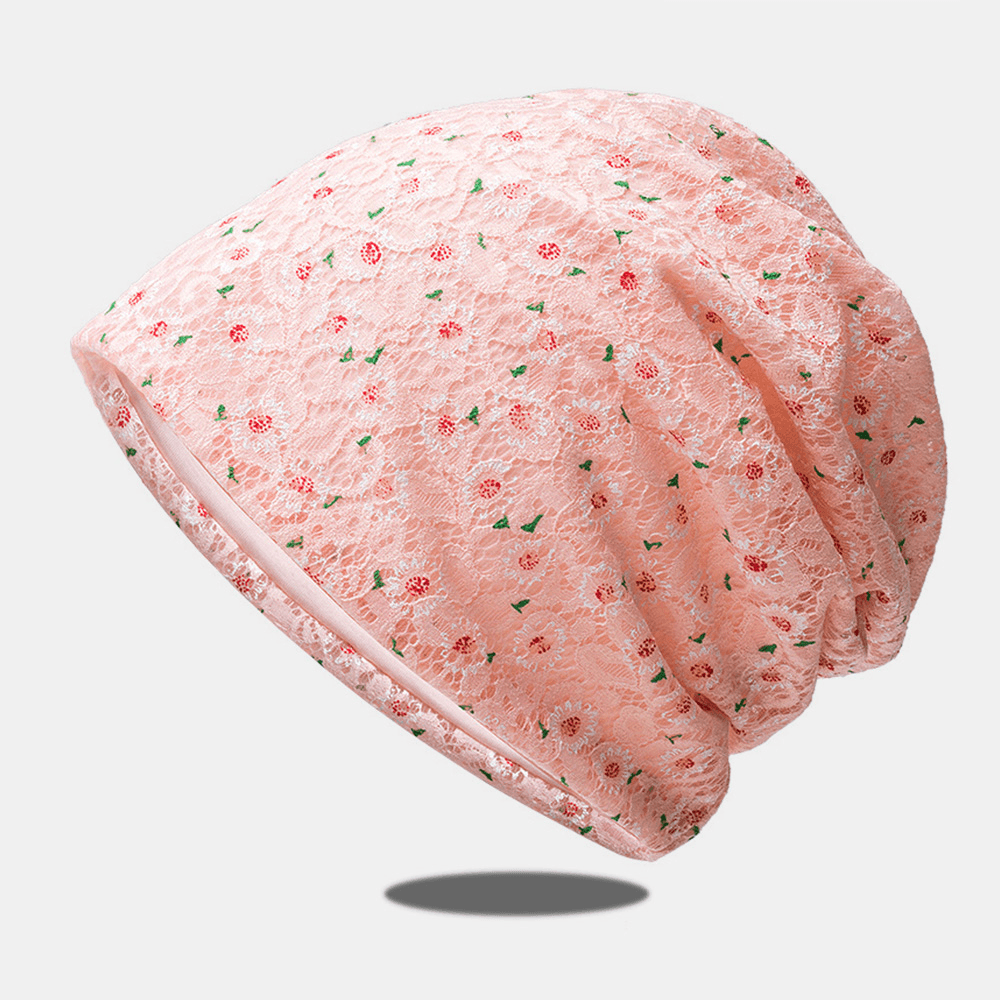 Women Lace Floral Pattern Printed Hollow Breathable Sun Protection Beanie Hat Baotou Hat - MRSLM