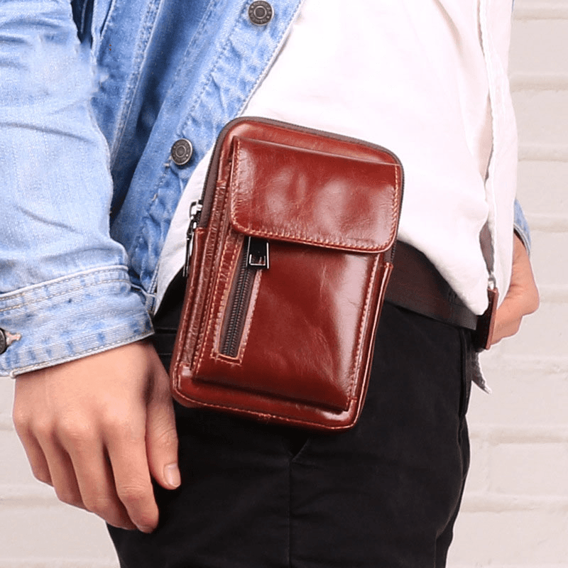 Men Flap-Over Front Zipper Pocket Belt Bag Sport Casual 6.3 Inch Phone Bag Genuine Leather Waist Bag - MRSLM