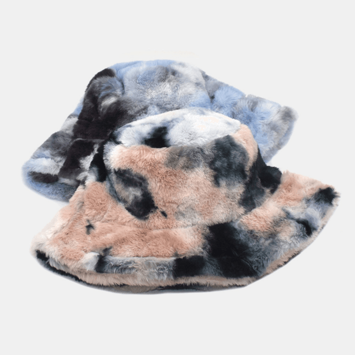 Unisex Faux Rabbit Fur Colorful Gradient Tie-Dye Bucket Hat Winter Thicken Warmth Windproof Fashion Sunshade Hat - MRSLM