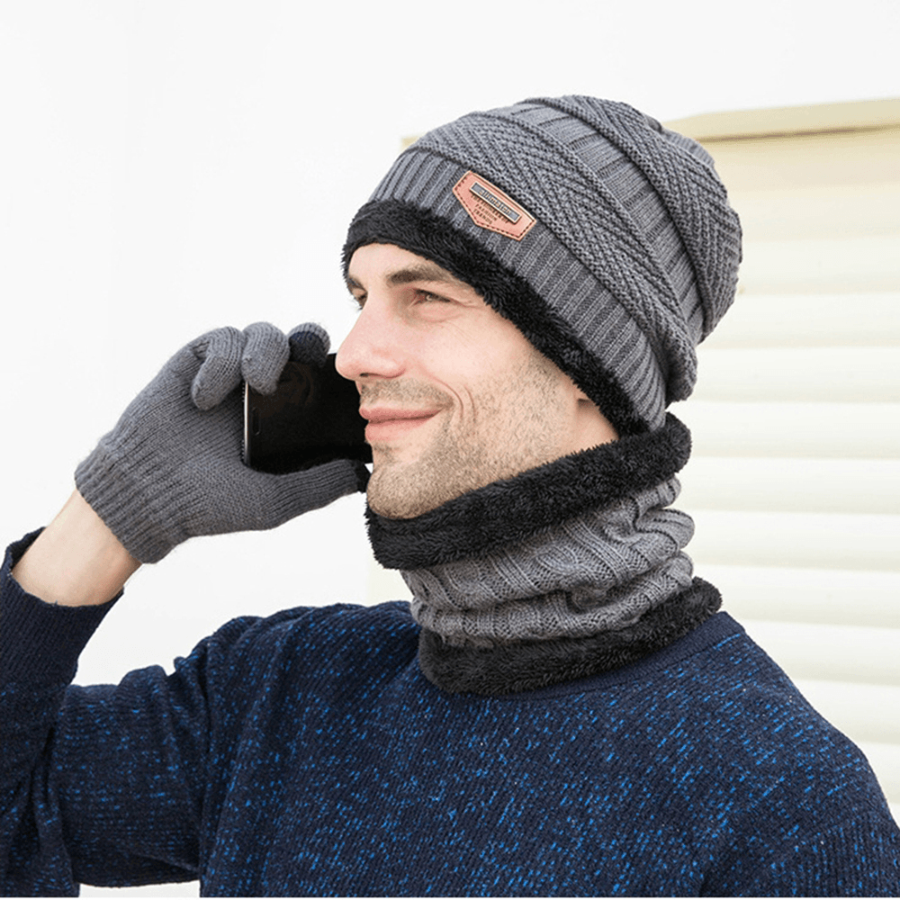 Men Child 3PCS Solid Color Keep Warm Sets Fashion Casual Wool Hat Beanie Scarf Full-Finger Gloves - MRSLM