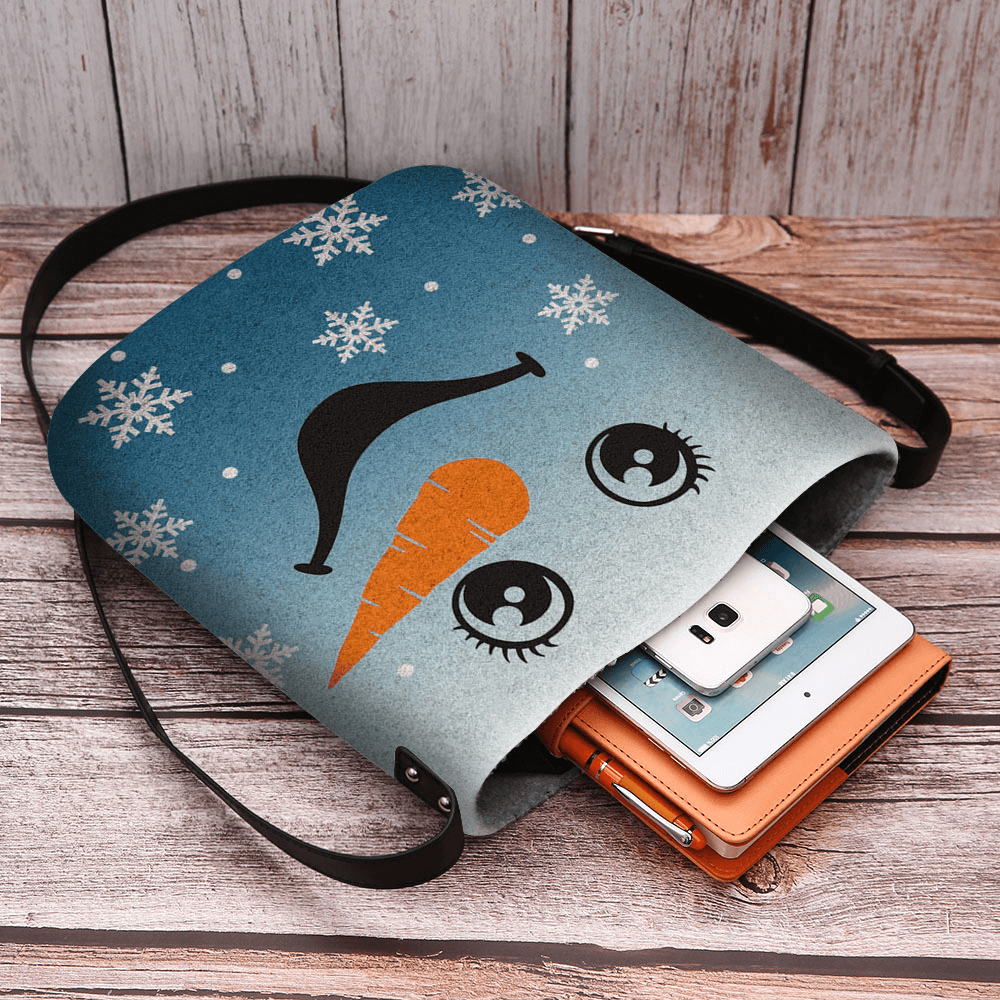 Women Felt Cute Festive Christmas Smile Snowman Snowflakes Print Crossbody Bag Shoulder Bag - MRSLM