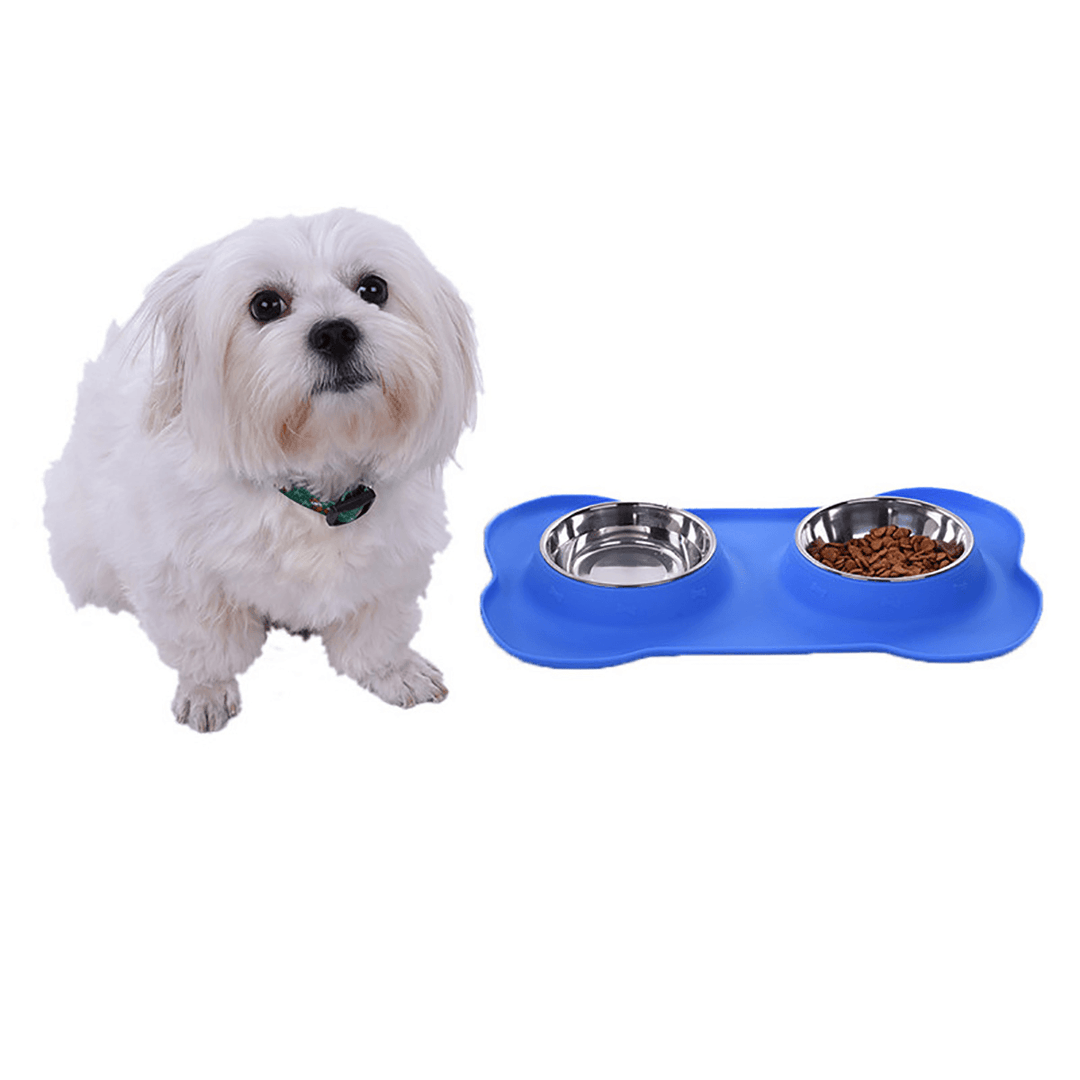 Dog Pet Bowl Stainless Steel No Spill Silicone Mat Pet Water Food Dish - MRSLM