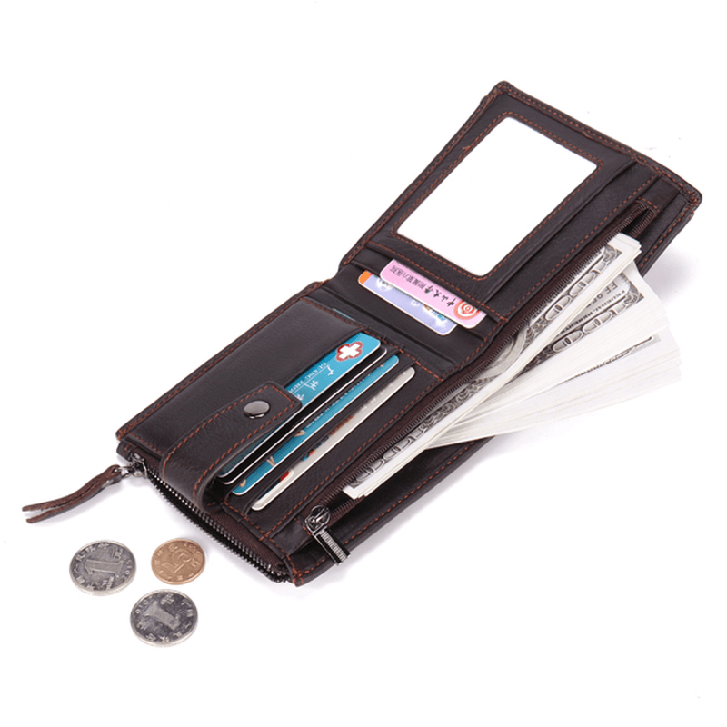 Men Genuine Leather Short Wallet Vintage Card Holder Zipper Credit Card Wallet with 12 Card Slots - MRSLM