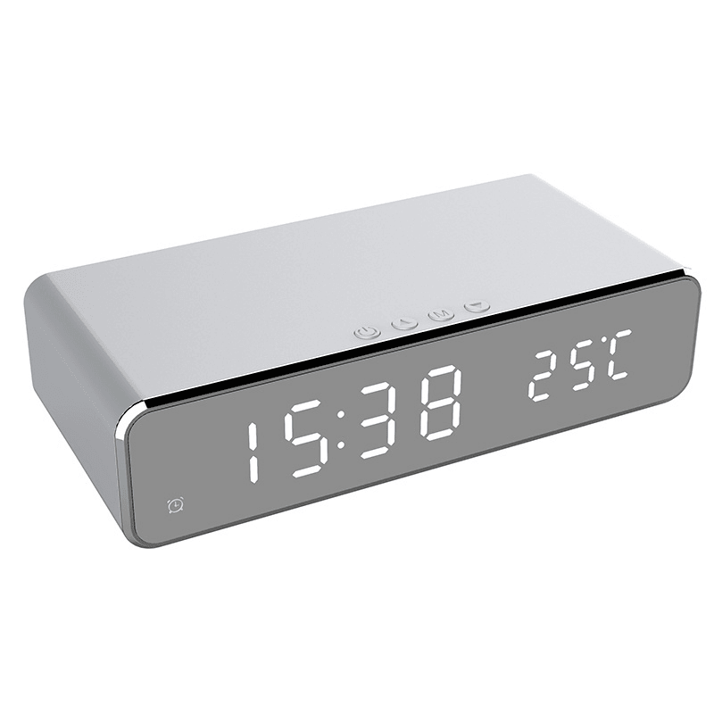 USB Digital LED Desk Alarm Clock with Thermometer Wireless Charger for Samsung Huawei - MRSLM