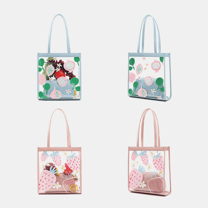 Women 2Pcs Waterproof Transparent Print Fruit PVC Multi-Carry Handbag Tote - MRSLM