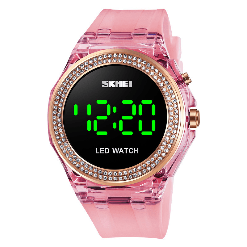 SKMEI 1597 Fashion Women Watch Diamond Dial Transparent PU Strap Luminous Display Lady Digital Watch - MRSLM