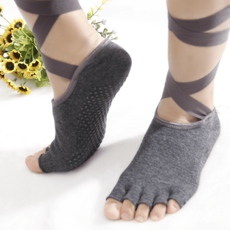 Women Ladies Five Finger Toes Yoga Socks Ballet Sports Lace Non-Slip Exposed Instep Yoga Socks - MRSLM