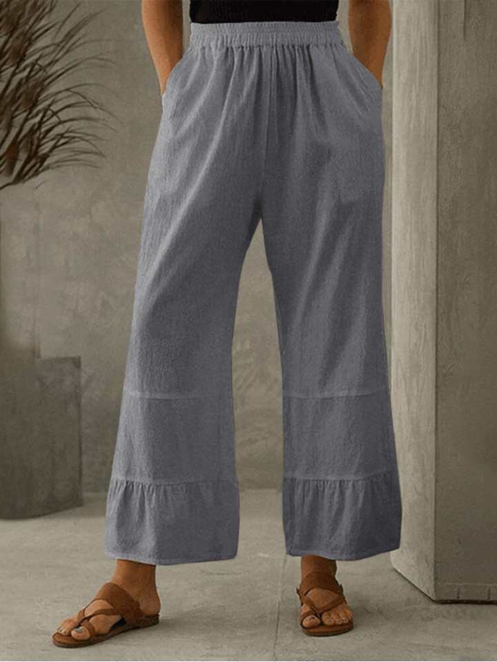 Women Cotton Plain Ruffle Cuff Elastic Waist Loose Casual Solid Wide Leg Pants - MRSLM