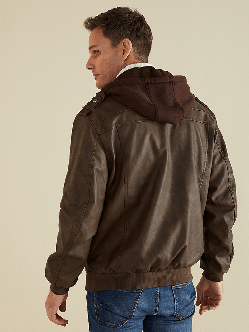 Mens Solid Color Multi Pocket Zipper PU Leather Removable Hooded Jackets - MRSLM