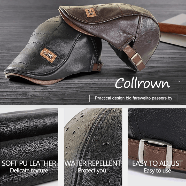 Collrown Men Faux Leather Autumn Winter Solid Keep Warm plus Velvet Fashion Leather Adjustable Beret Hat - MRSLM