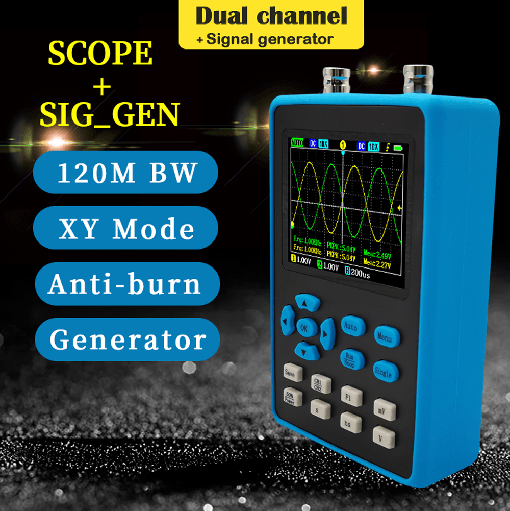 DSO2512G 2.8 Inch Dual Channel + Signal Generator 120M Digital Oscilloscope 500Gs/S FFT Spectrum Analysis Three Trigger Modes - MRSLM
