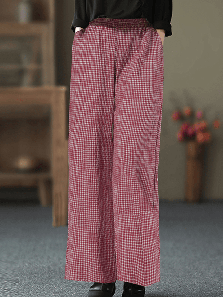 Women Plaid Wide-Legged Elastic Waist Side Pocket Ankle Length Loose Pants - MRSLM