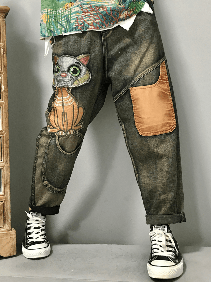 Women Cat Embroidery Patchwork Mid Waist Loose Denim Harem Jeans - MRSLM