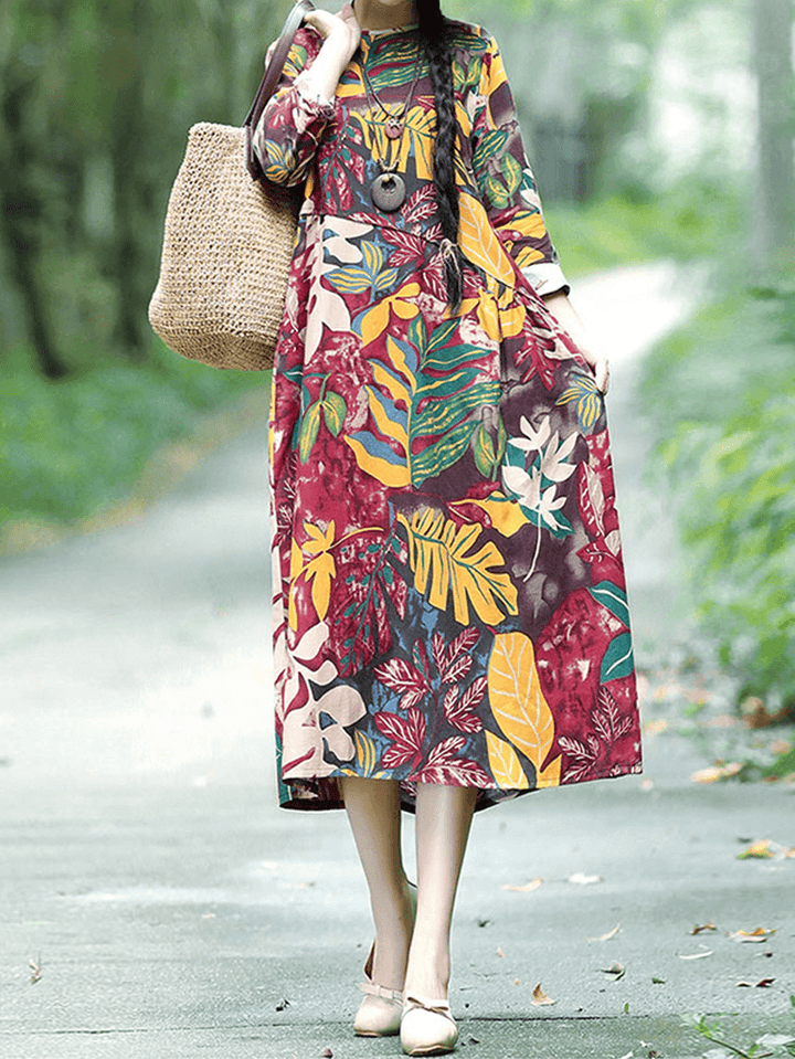 Floral Leaf Print Vintage Casual Midi Dress with Side Pockets - MRSLM